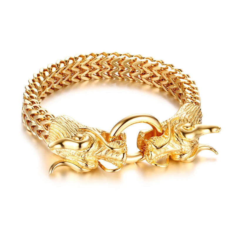 Titanium steel men's golden dragon head bracelet