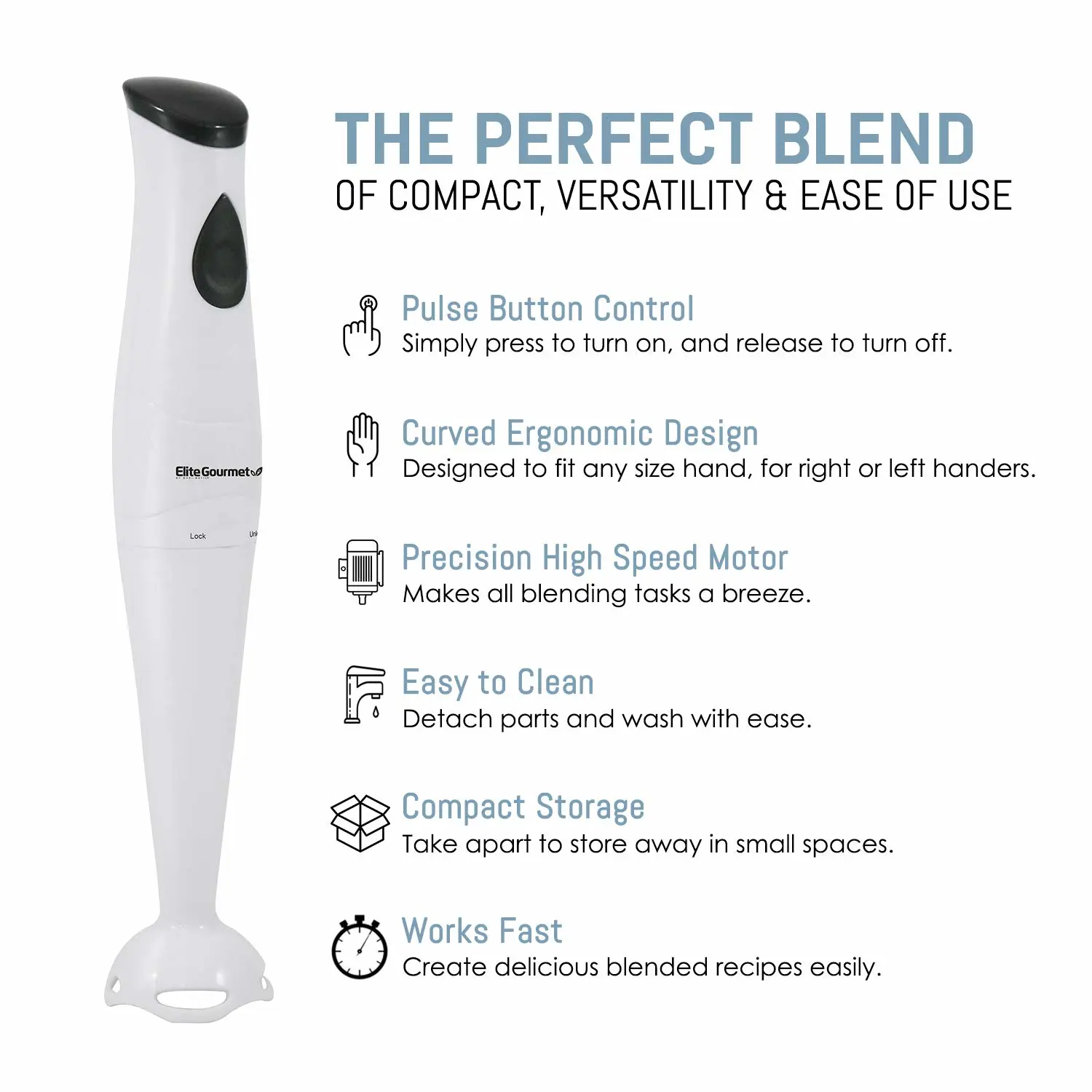 Elite Gourmet EHB-2425X Electric Immersion Hand Blender, Mixer, Chopper, 1-Touch Control Multi Purpose Electric Immersion Stick, Mixer, Chopper, 150 Watts, For Soups, Sauces, Baby Food, White