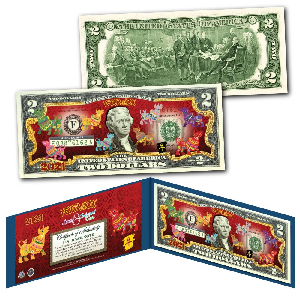 2021 Lunar Chinese New Year of The OX Polychromatic 8 Oxen Two-Dollar Collectible U.S Bill in Blue Folio