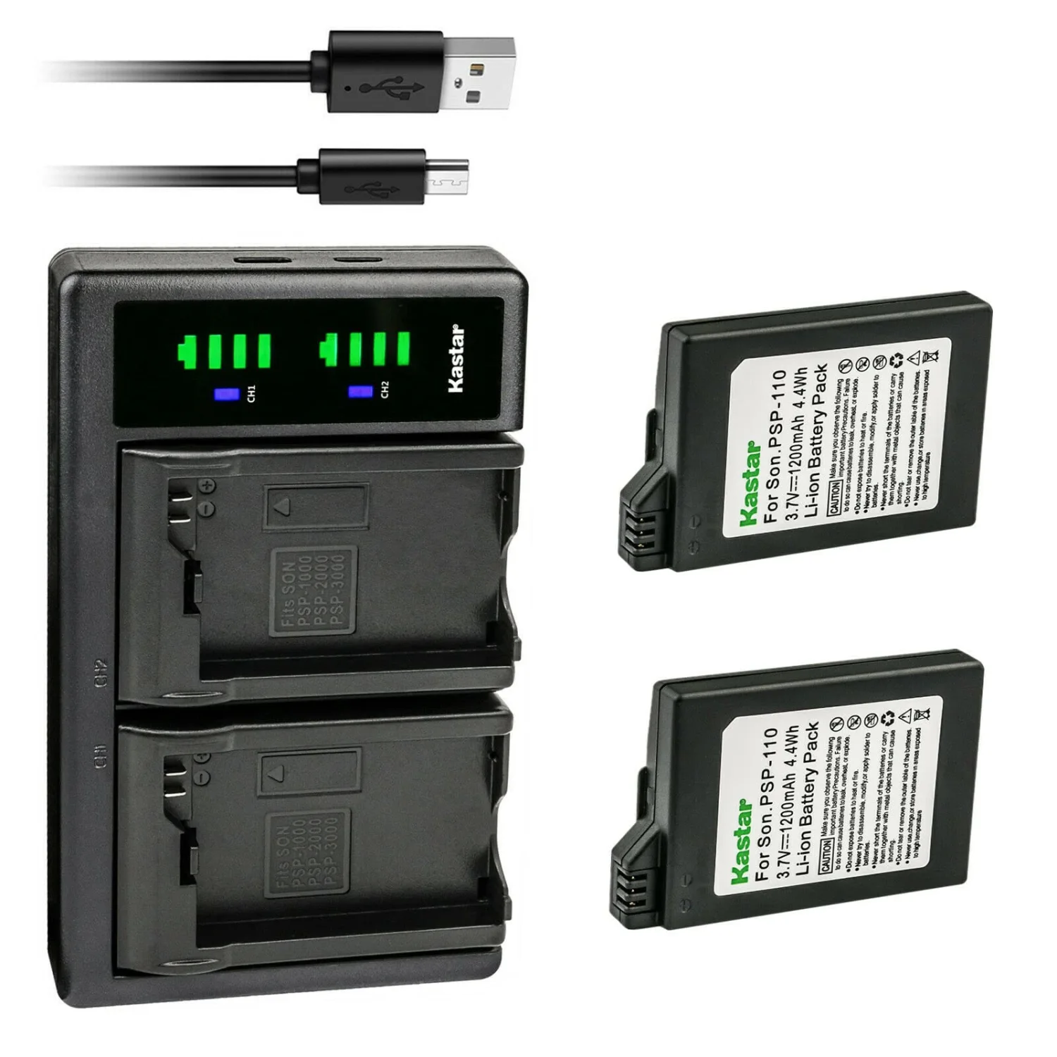 Kastar 2-Pack PSP 110 Battery and LTD2 USB Charger Replacement for Sony PSP-Lite, PSP-Silm, PSP2000 PSP2001 PSP2002 PSP2003 PSP2004 PSP2005 PSP2006 PSP2007 PSP2008 PSP2009 PSP2010 PSP3000 PlayStation