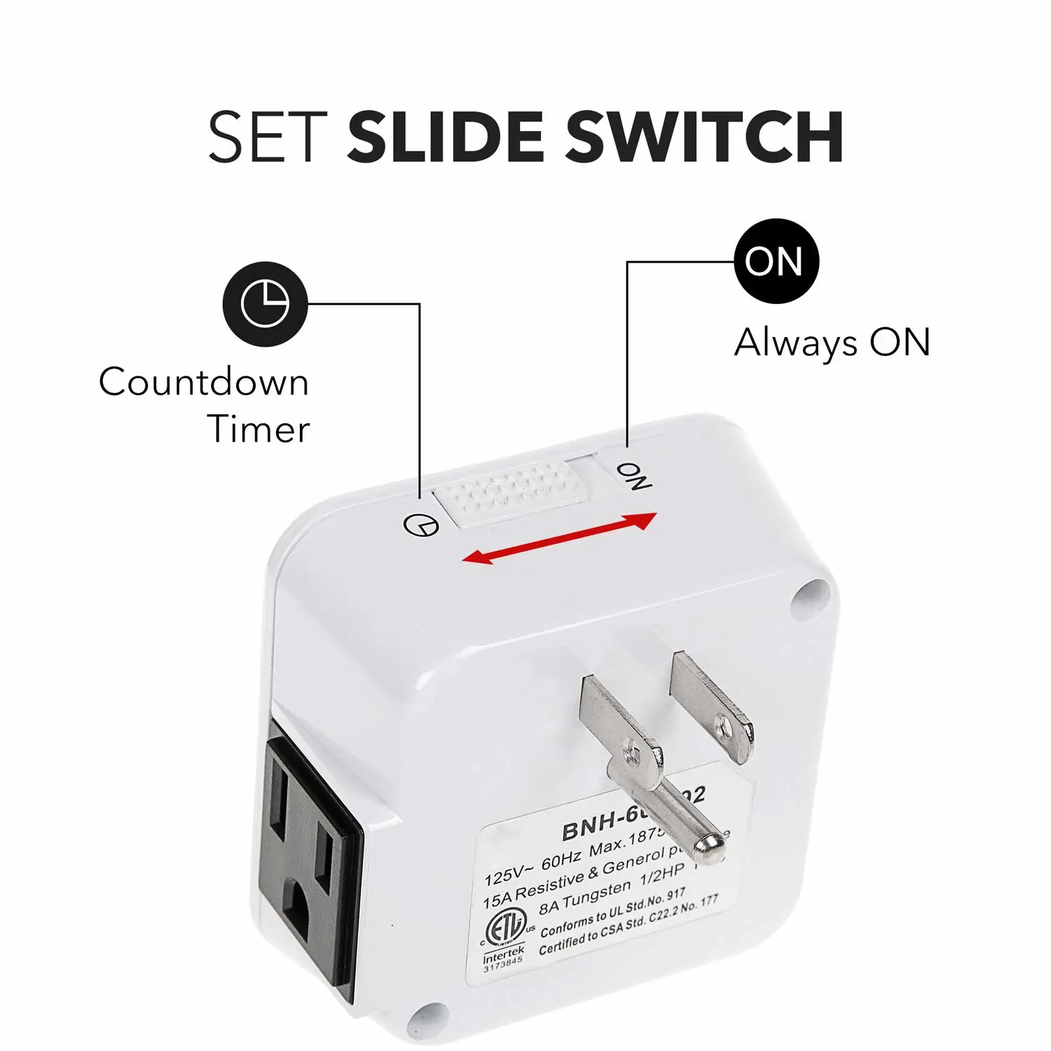 BN-LINK 12 Hour Indoor Mechanical Accurate Countdown Timer, 3-Prong Grounded Outlet, 15 Minute Increments, Energy Saving for Kitchen, Phone Charger, Lamps, Holiday Decoration 1875W, 1/2 HP, ETL Listed