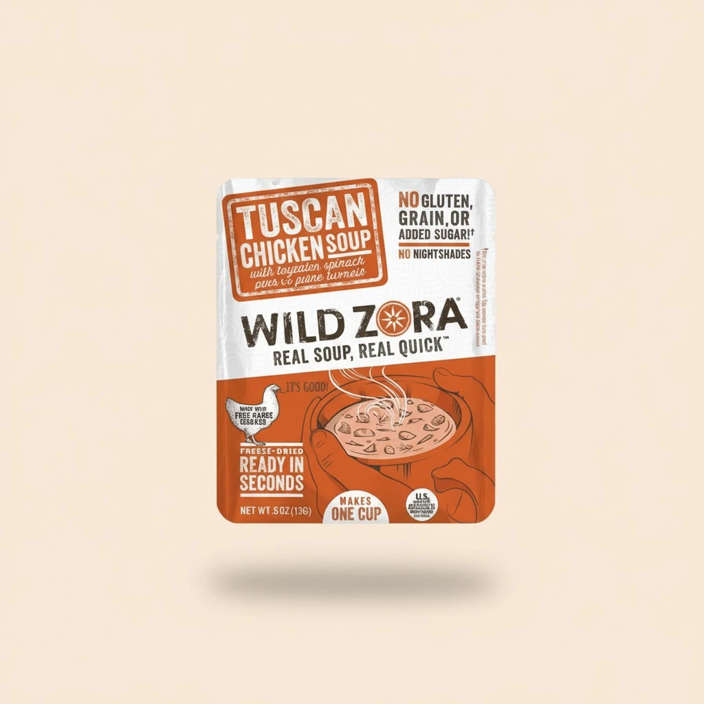Wild Zora Instant Keto-Friendly Soups 5-Pack Variety, Broth Made with Grass-Fed Beef, Free-Range Chicken, and Vegetables, Gluten-Free, Low Carb, No Added Sugar, Flavorful Pantry Staples - 0.5oz/13g