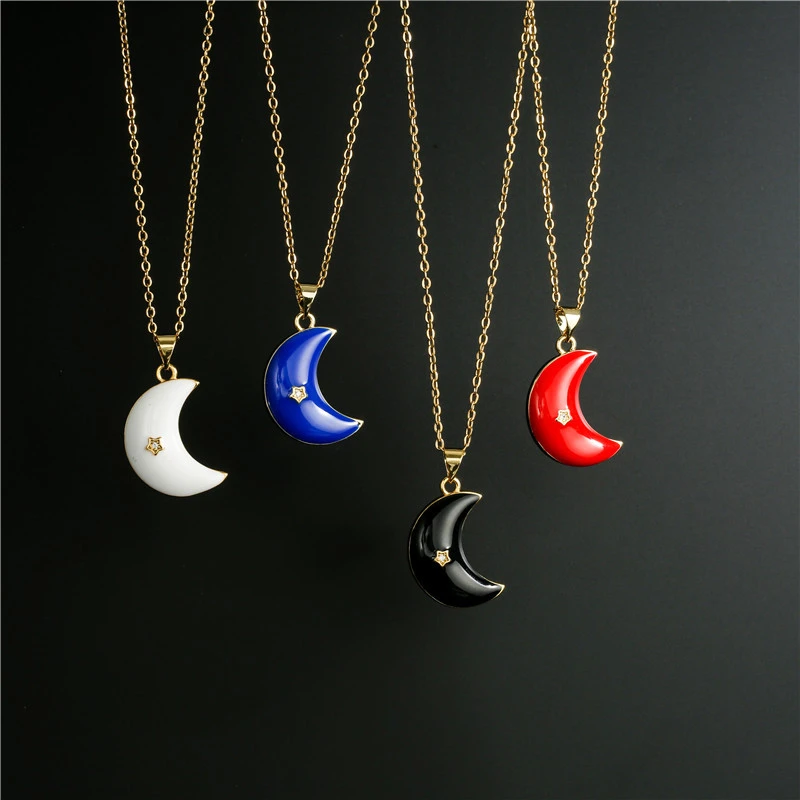 Cross-border Hot-selling Fashion Dripping Oil Moon Star Pendant Necklace Female 4 Colors Optional Color Preservation Plating wish AliExpress