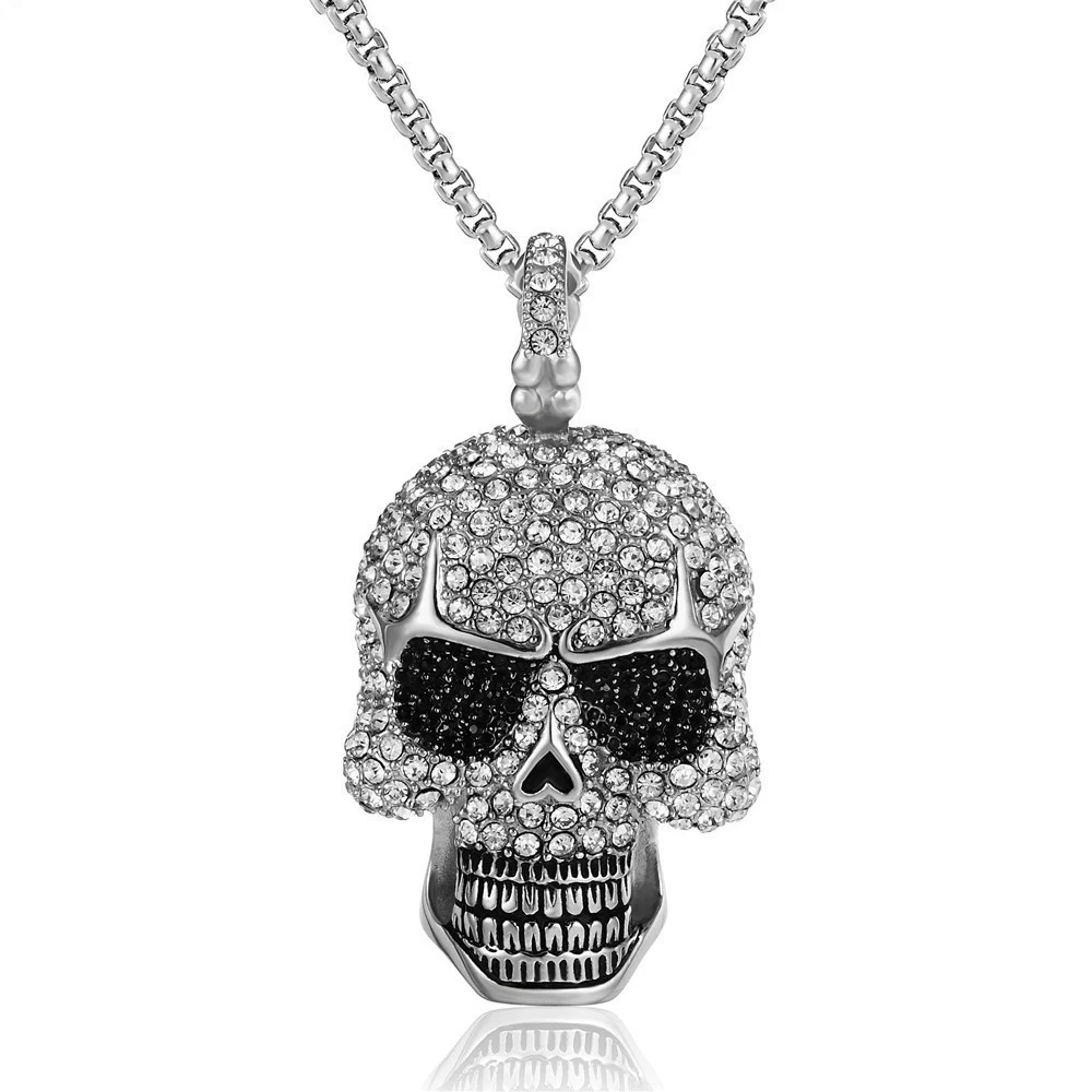 Hip-hop Personality Punk full Diamond Skull titanium Steel Pendant Necklace