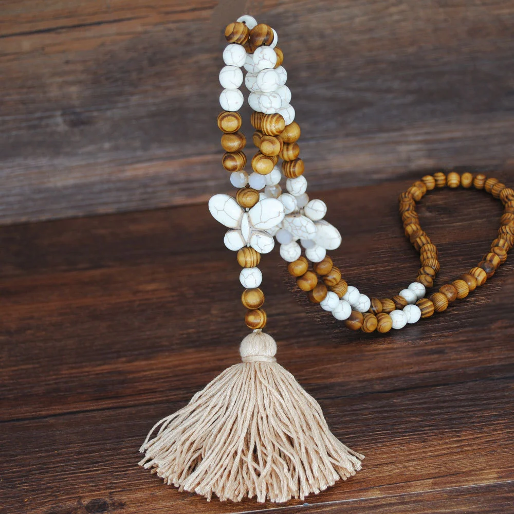 Handmade Wooden Bead Beaded Pendant Cotton Tassel Necklace