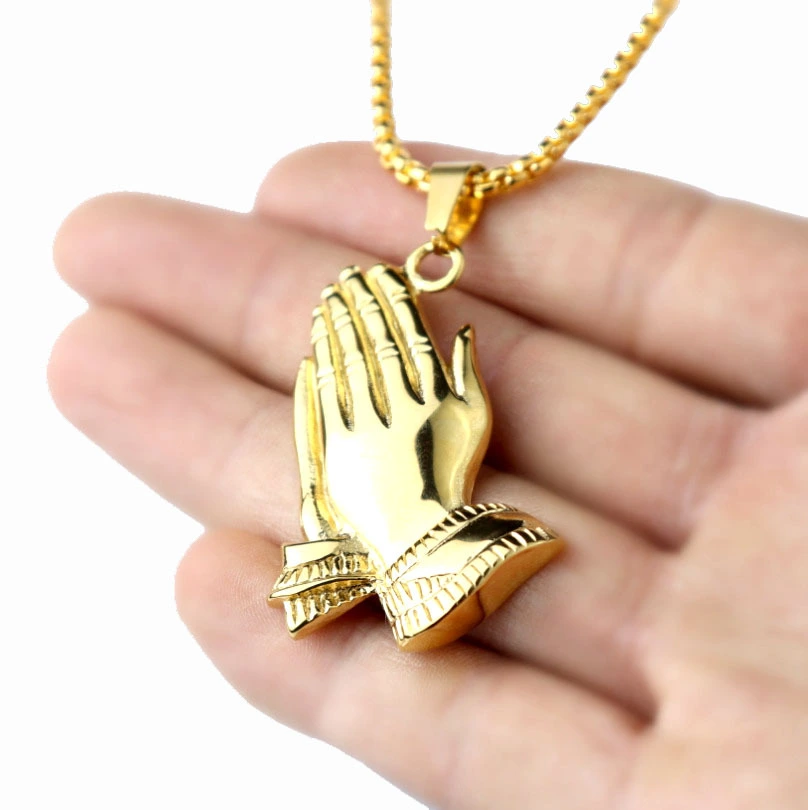 Stainless Steel Prayer Pendant Golden Bergamot Pendant Necklace Men'S Hands Put Together