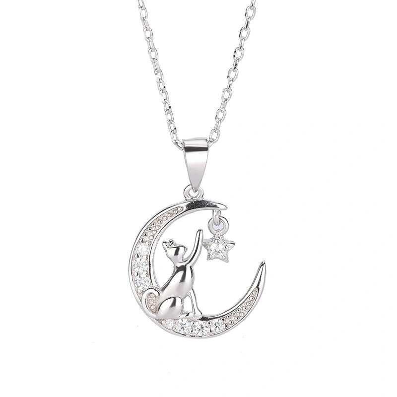 S925 Silver Simple Temperament Moon Cat Zircon Pendant