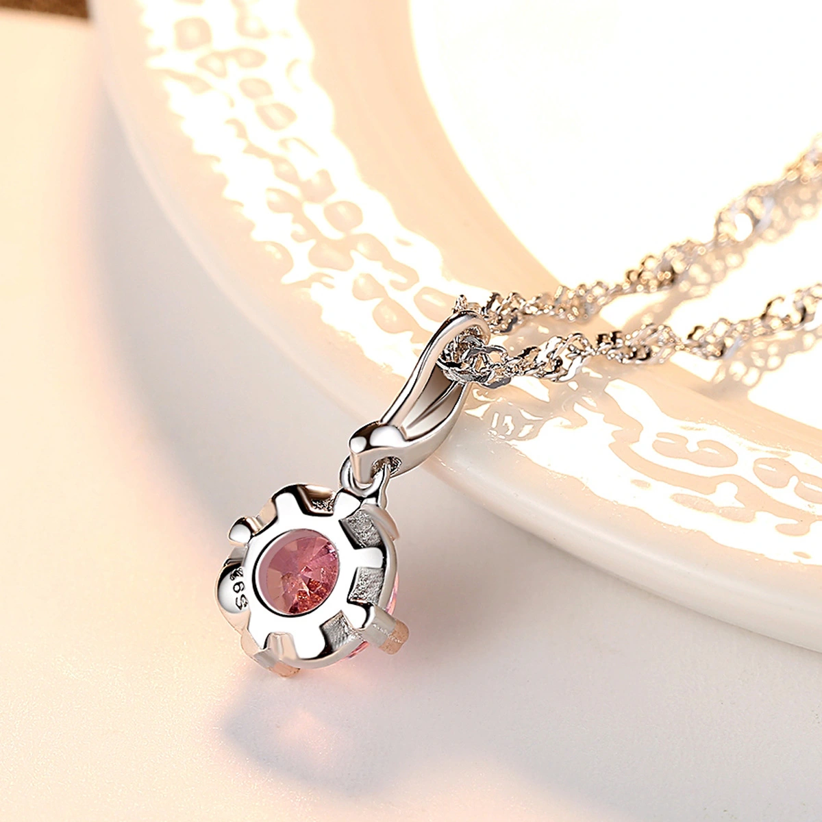 S925 Sterling Silver Pendant Necklace Water Wave Chain With 3A Zircon