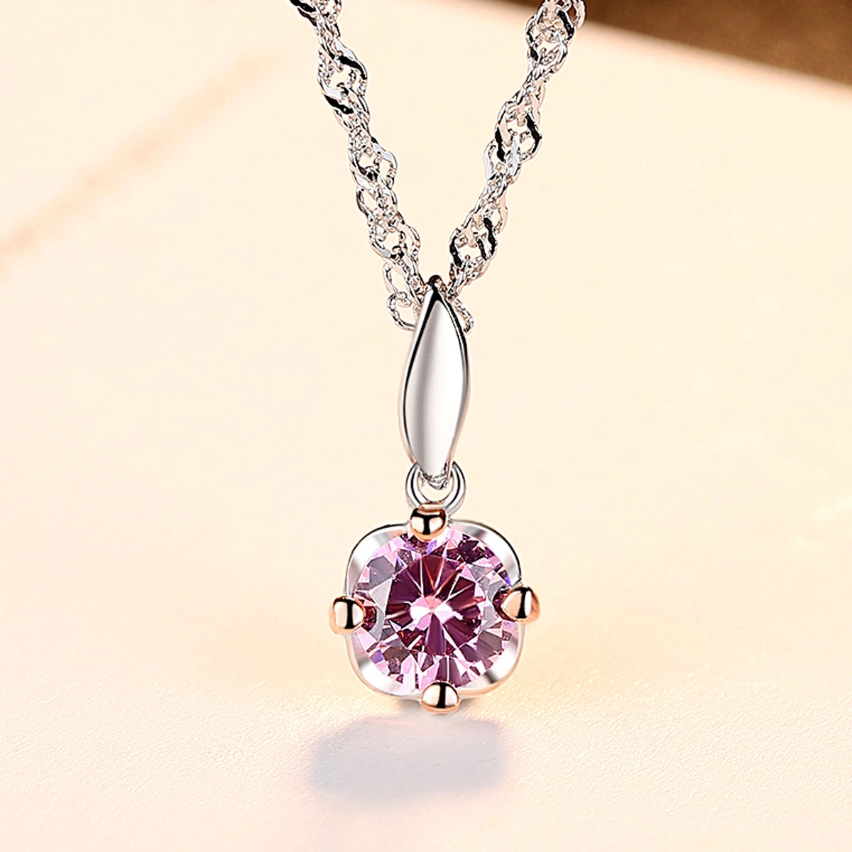 S925 Sterling Silver Pendant Necklace Water Wave Chain With 3A Zircon