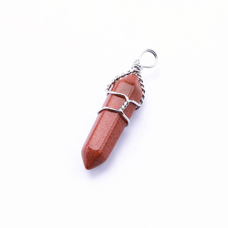 Popular Hexagonal Pillar Iron Wire Wrapped Miscellaneous Stone Necklace Pendant