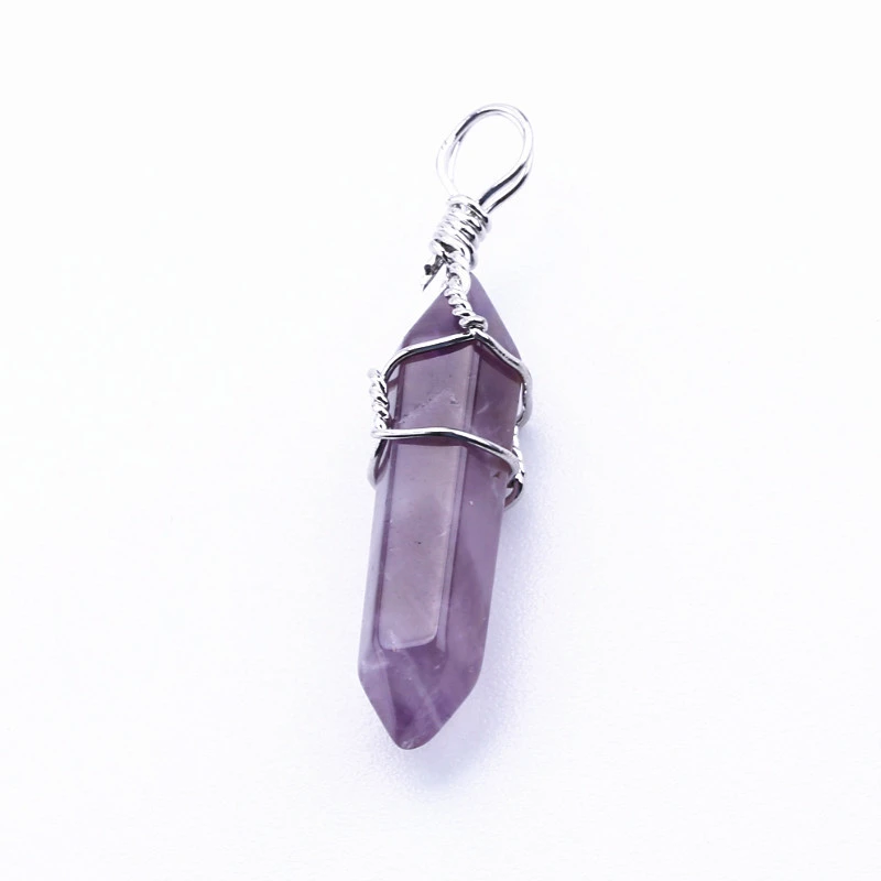 Popular Hexagonal Pillar Iron Wire Wrapped Miscellaneous Stone Necklace Pendant