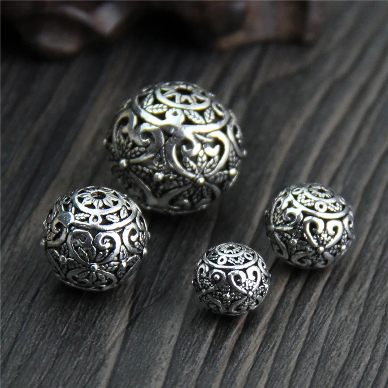 Vintage 925 Thai Silver DIY Hollow Round Loose Beads