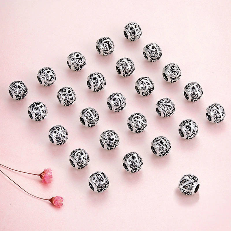 Forest pattern 26 English letters sterling silver loose beads