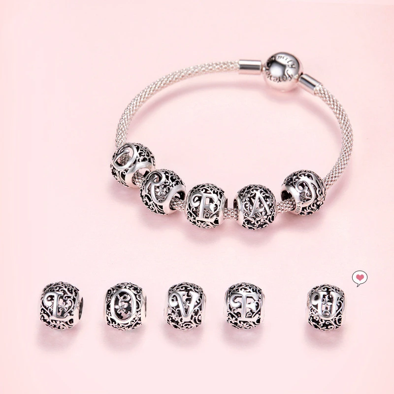 Forest pattern 26 English letters sterling silver loose beads