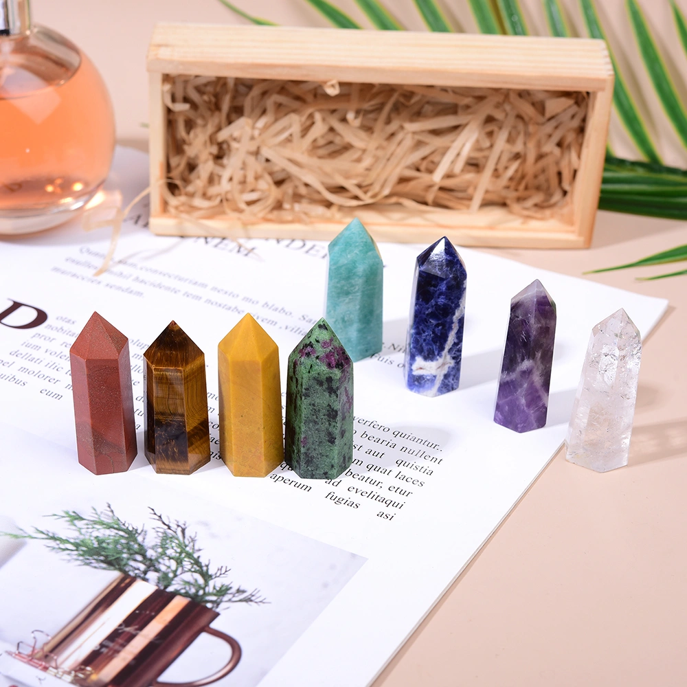 Donghai Natural Crystal Single Pointed Column Set Eight Color Wooden Box