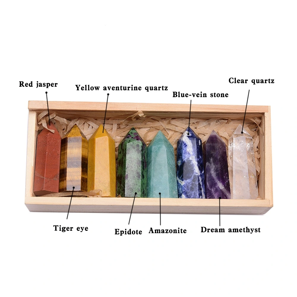 Donghai Natural Crystal Single Pointed Column Set Eight Color Wooden Box