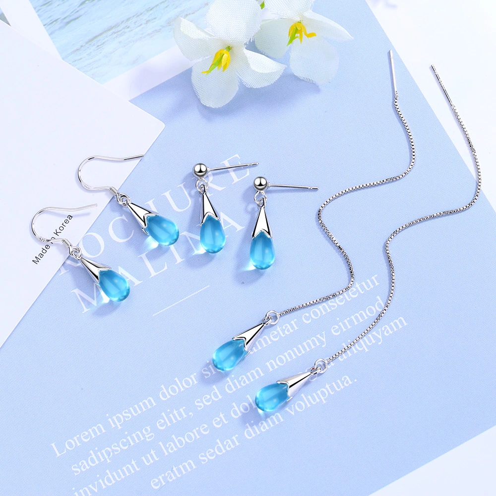 Blue Water Drop Earrings Long Tassel Sen