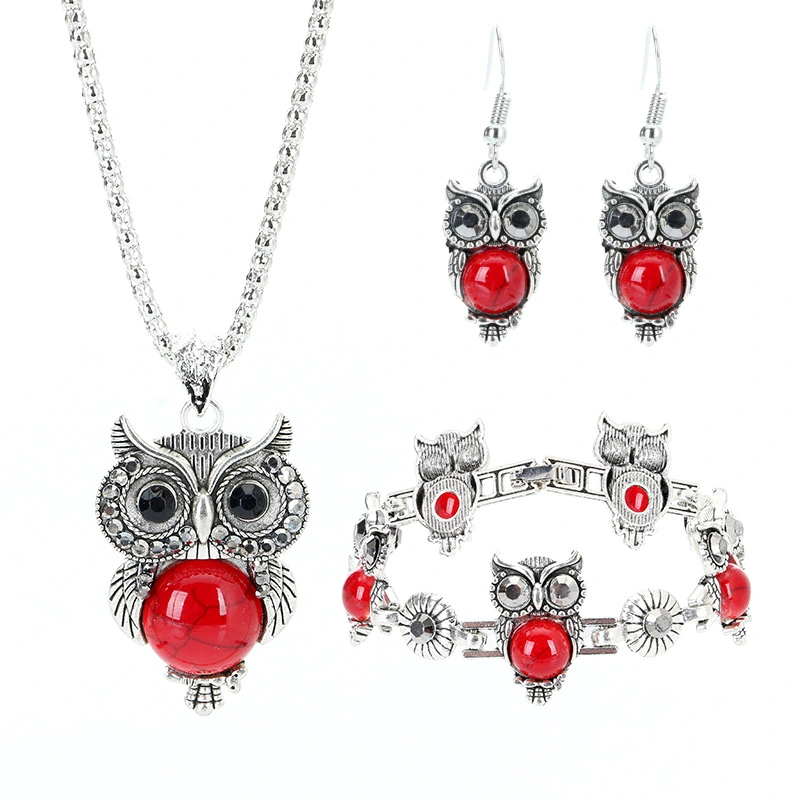 European And American Retro Jewelry Set Ethnic Turquoise Owl Pendant Inlaid Earrings Necklace Bracelet