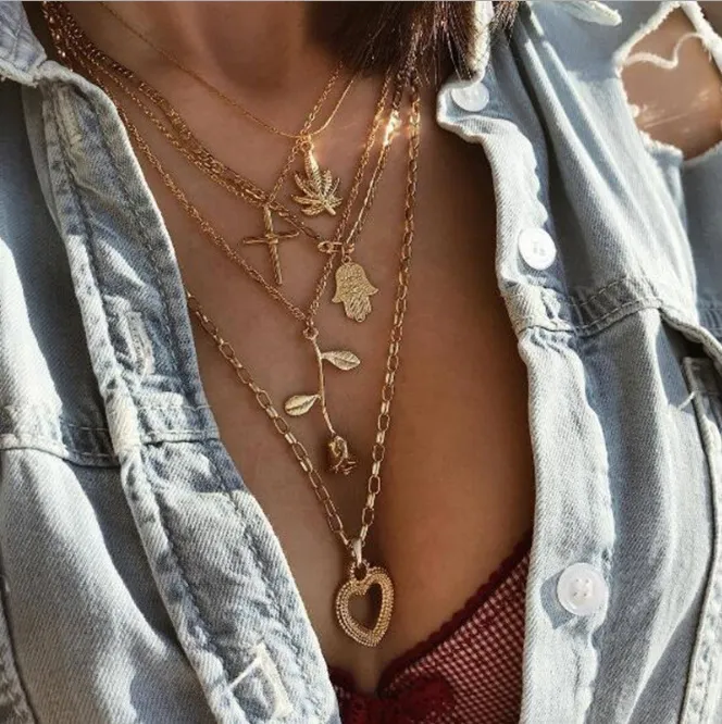 Cross palm rose love long pendant necklace