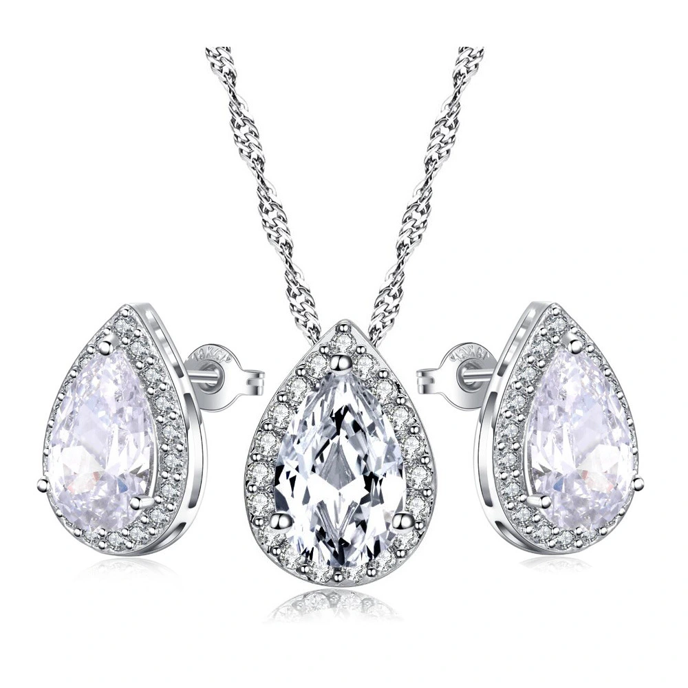 Platinum-Plated Drop Zircon Necklace And Earring Set