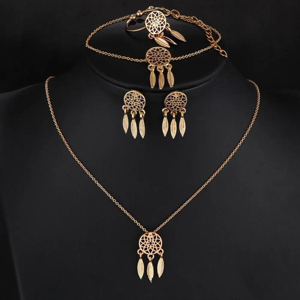 Hollow feather bracelet pendant earrings ring set