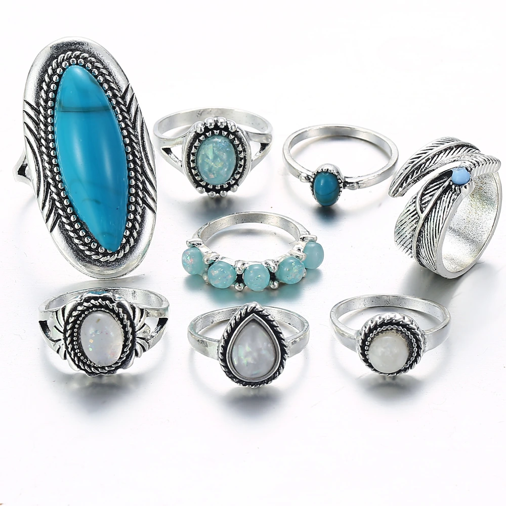 Opal Ring Set Turquoise Eight Piece Jewelry