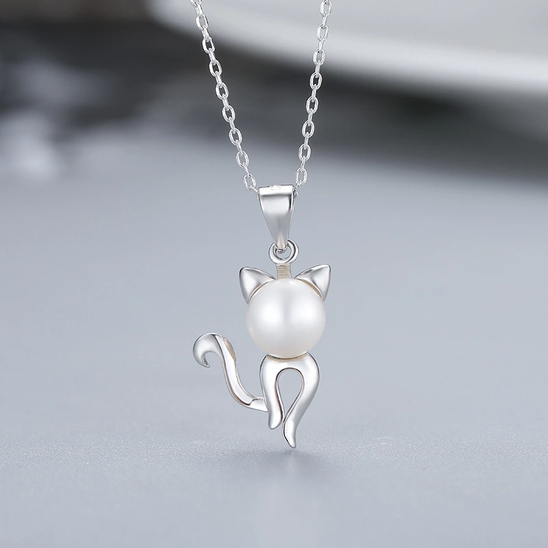 S925 Silver Cat Necklace Female Fashion Creative Pearl Pendant