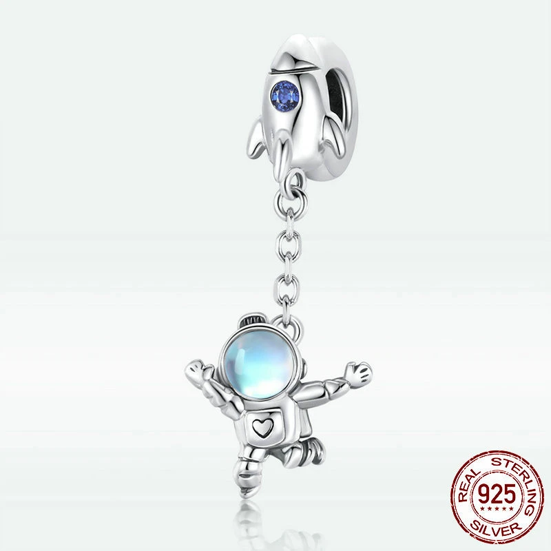 S925 Silver Spaceship Astronaut Beaded Moonstone Diy Charm