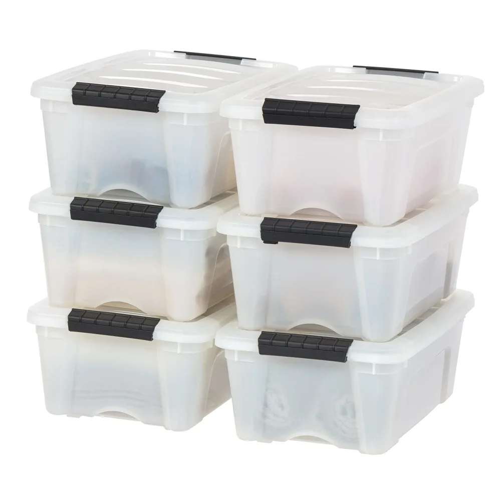 IRIS USA 13 Qt Stackable Plastic Storage Bins with Lids, 6 Pack - BPA-Free, Made in USA - Discreet Organizing Solution, Latches, Durable Nestable Containers, Secure Pull Handle - Pearl