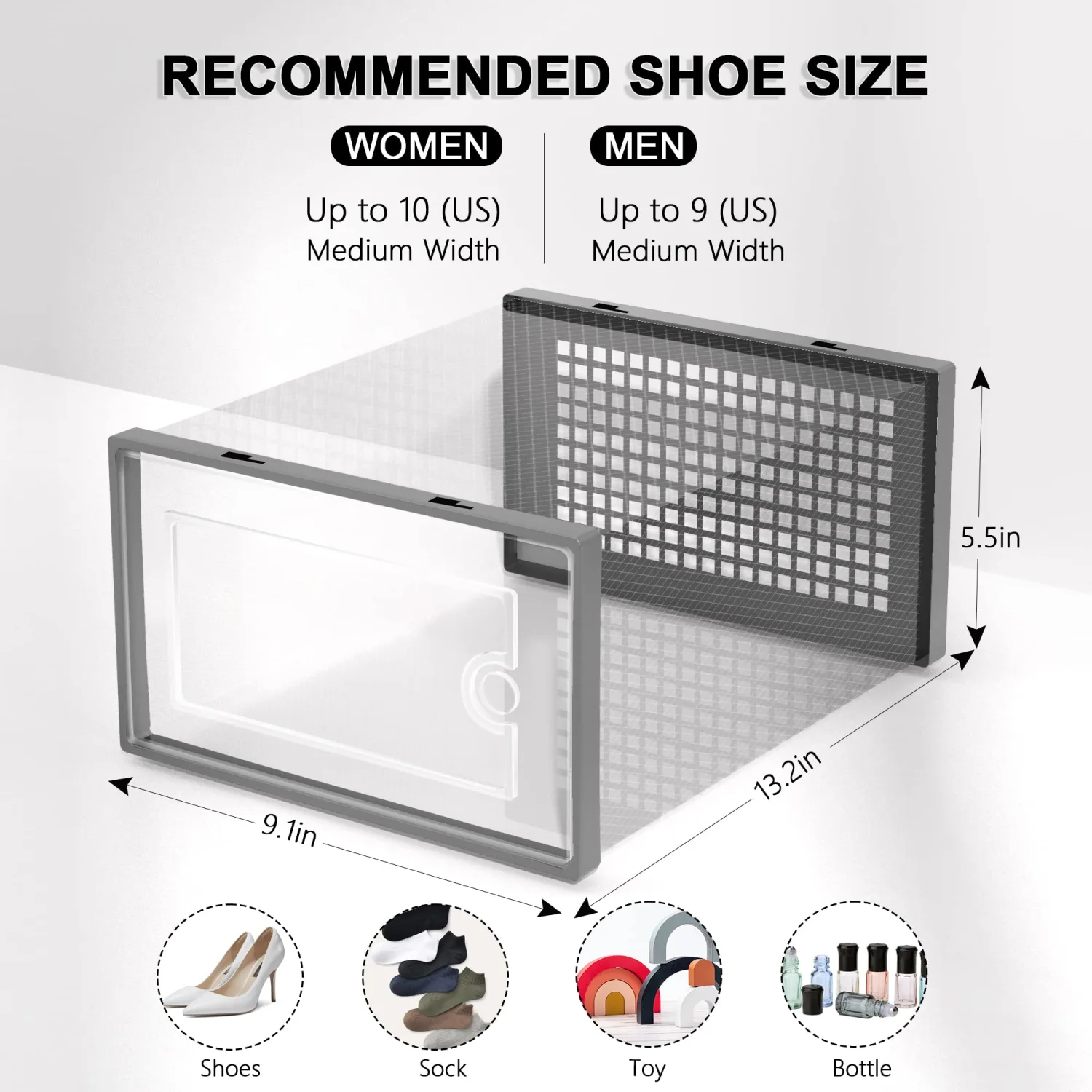 Kuject Shoe Organizers Storage Boxes for Closet, 12 Pack Clear Plastic Stackable Storage Bins with Lids, Under Bed Shoe Containers for Entryway, Drop Front, Fit up to Women's Size 10,Grey
