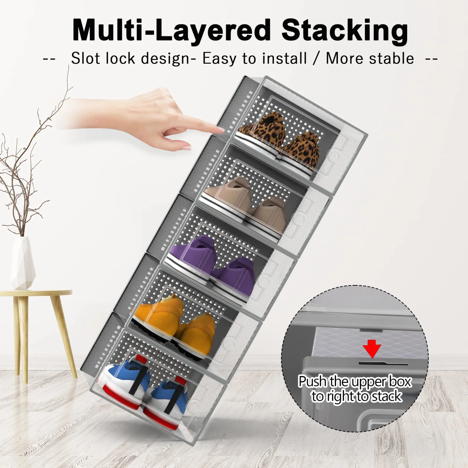 Kuject Shoe Organizers Storage Boxes for Closet, 12 Pack Clear Plastic Stackable Storage Bins with Lids, Under Bed Shoe Containers for Entryway, Drop Front, Fit up to Women's Size 10,Grey