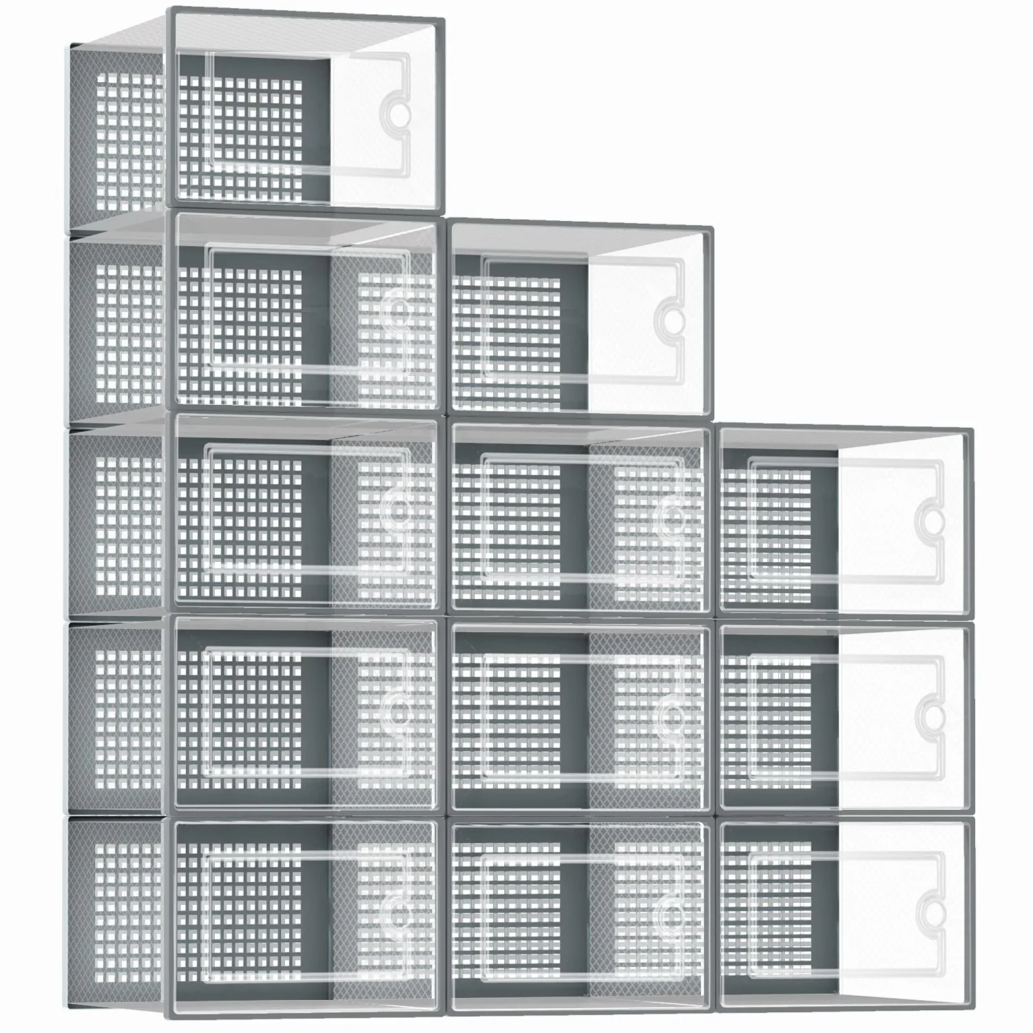 Kuject Shoe Organizers Storage Boxes for Closet, 12 Pack Clear Plastic Stackable Storage Bins with Lids, Under Bed Shoe Containers for Entryway, Drop Front, Fit up to Women's Size 10,Grey