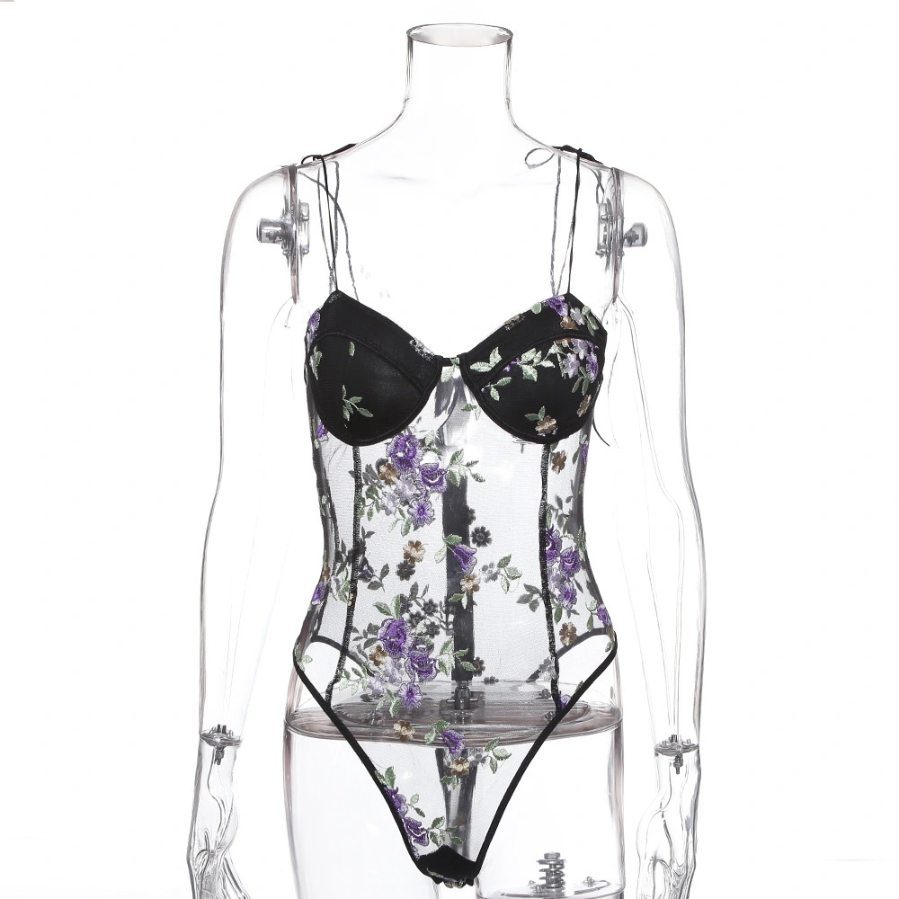 ArtSu Purple Floral Embroidery Lace Bodysuits Womens Bow