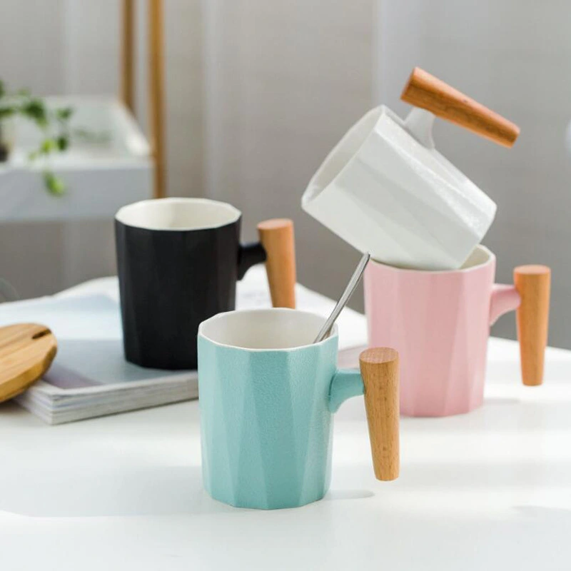 Simple Solid Color Mug With Wooden Handle Ceramic Mug