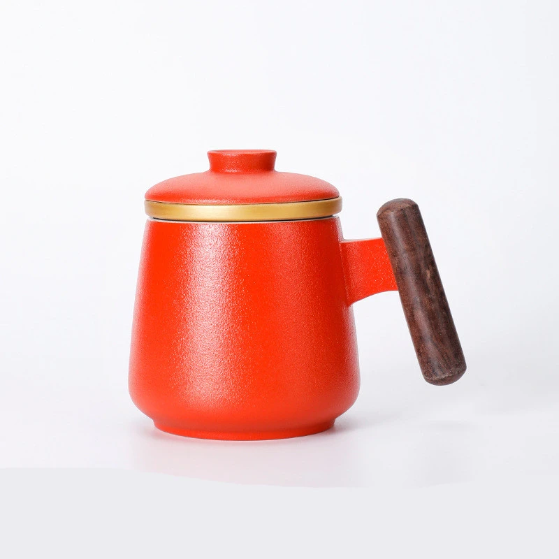 Ceramic Mug, Wooden Handle, Filter Tea Cup with Lid, Large Capacity Office Cup