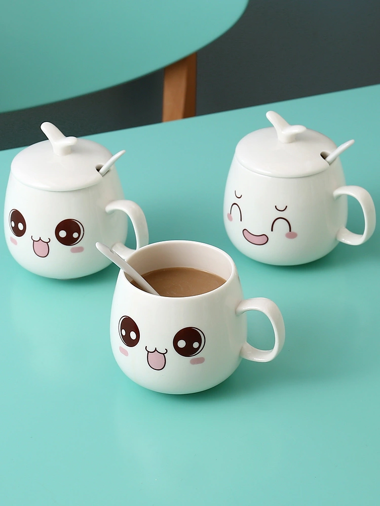 Ceramic Female Male Coffee Cup Cute Cartoon Spoon With Lid Drinking Milk