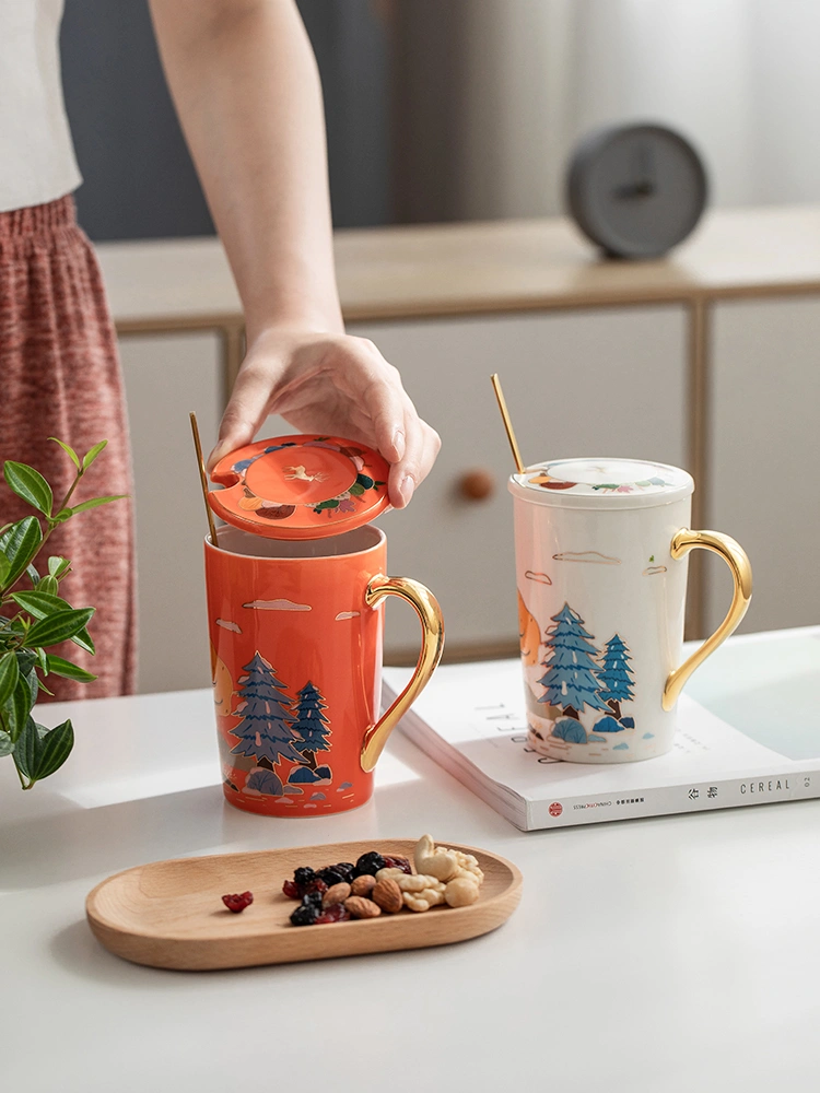 Coffee Ceramic Cup With Lid Spoon