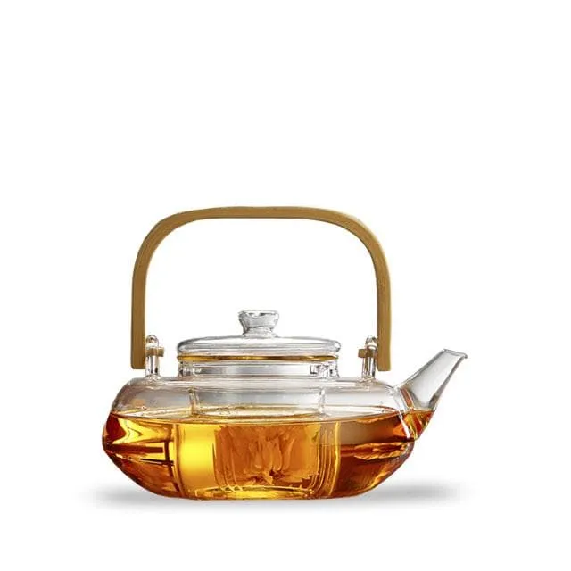 Heat-resistant glass teapot with bamboo handle