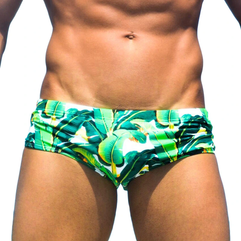 Green leaf seaside sexy triangle swim trunks