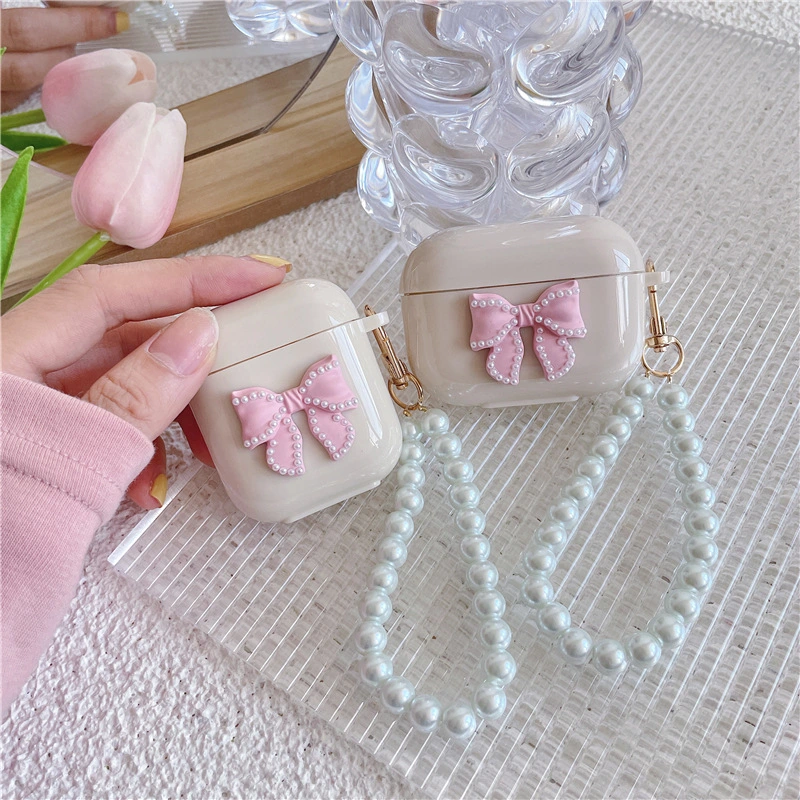 Compatible with Apple, Milk Tea Color Shell Powder Bowknot Bluetooth Wireless Earphone Protective Cover