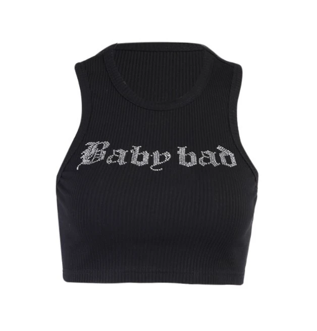Fashion Street Sports Style Cropped Vest With Diamond Letters