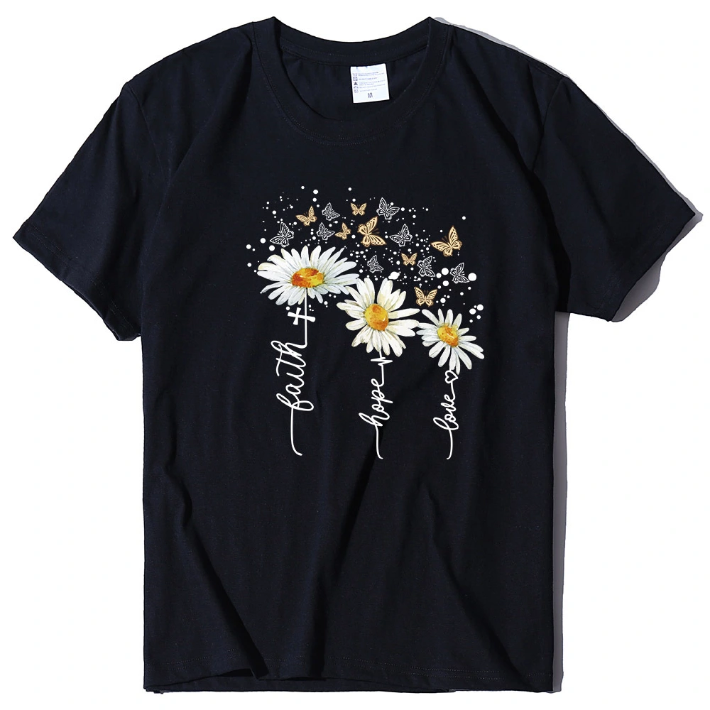 2020 New Summer Cotton Women's T-shirt Daisy Print Butterfly Casual T-shirt