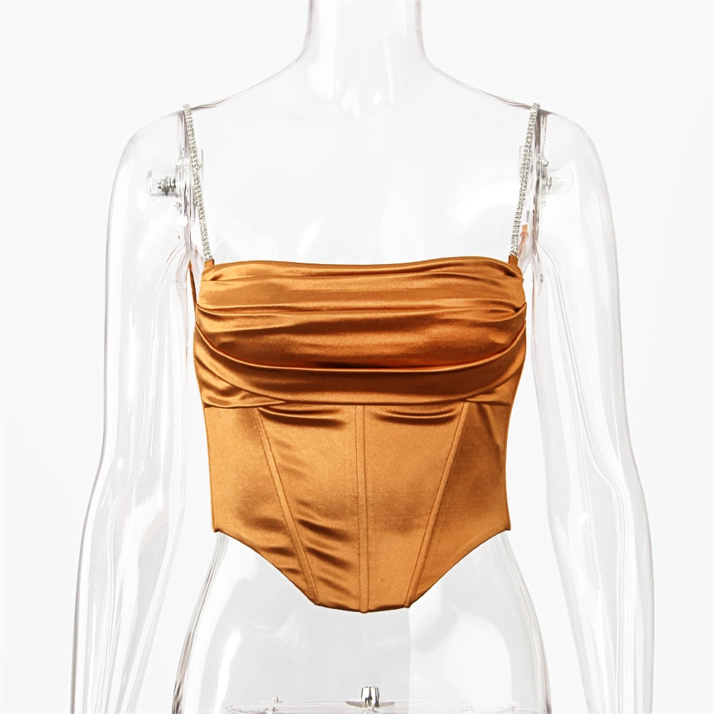 Net Red Temperament Elastic Tight-Fitting Satin Luxury Diamond Chain Shoulder Strap Waist Top Vest
