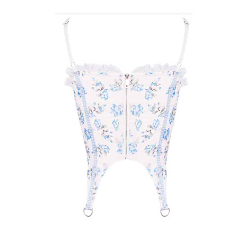 Female Sweet Girl Group Blue Floral Bandage Vest Wearing A Suspender Corset