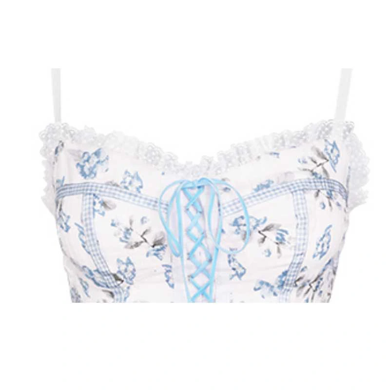 Female Sweet Girl Group Blue Floral Bandage Vest Wearing A Suspender Corset
