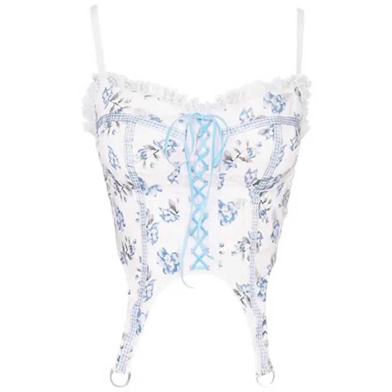 Female Sweet Girl Group Blue Floral Bandage Vest Wearing A Suspender Corset