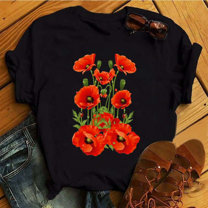 Floral Flower Pattern Printing Loose Summer Casual Ladies T Shirt