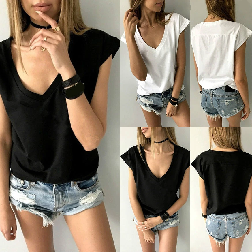 Summer Four Color Simple V-Line All-Match Top T-Shirt