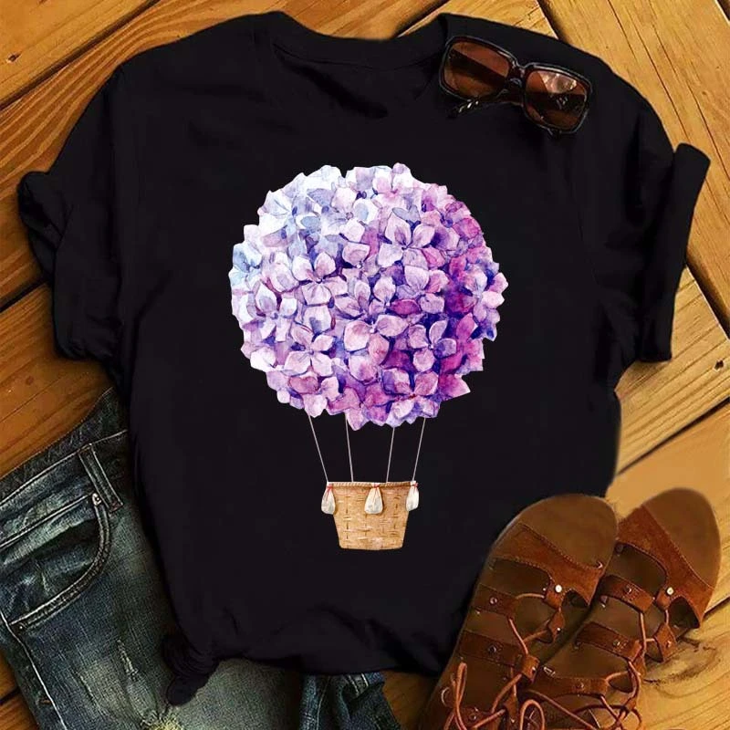 Summer New Fashion Red Love Bicycle Printing Ladies Black T-Shirt Loose Casual