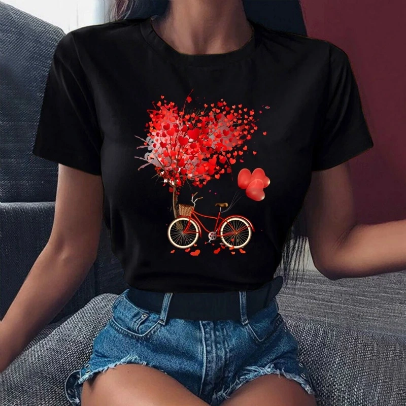 Summer New Fashion Red Love Bicycle Printing Ladies Black T-Shirt Loose Casual
